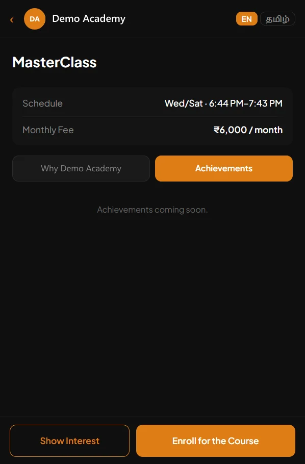 A course page with schedule and monthly fee, and Show Interest and Enroll buttons
