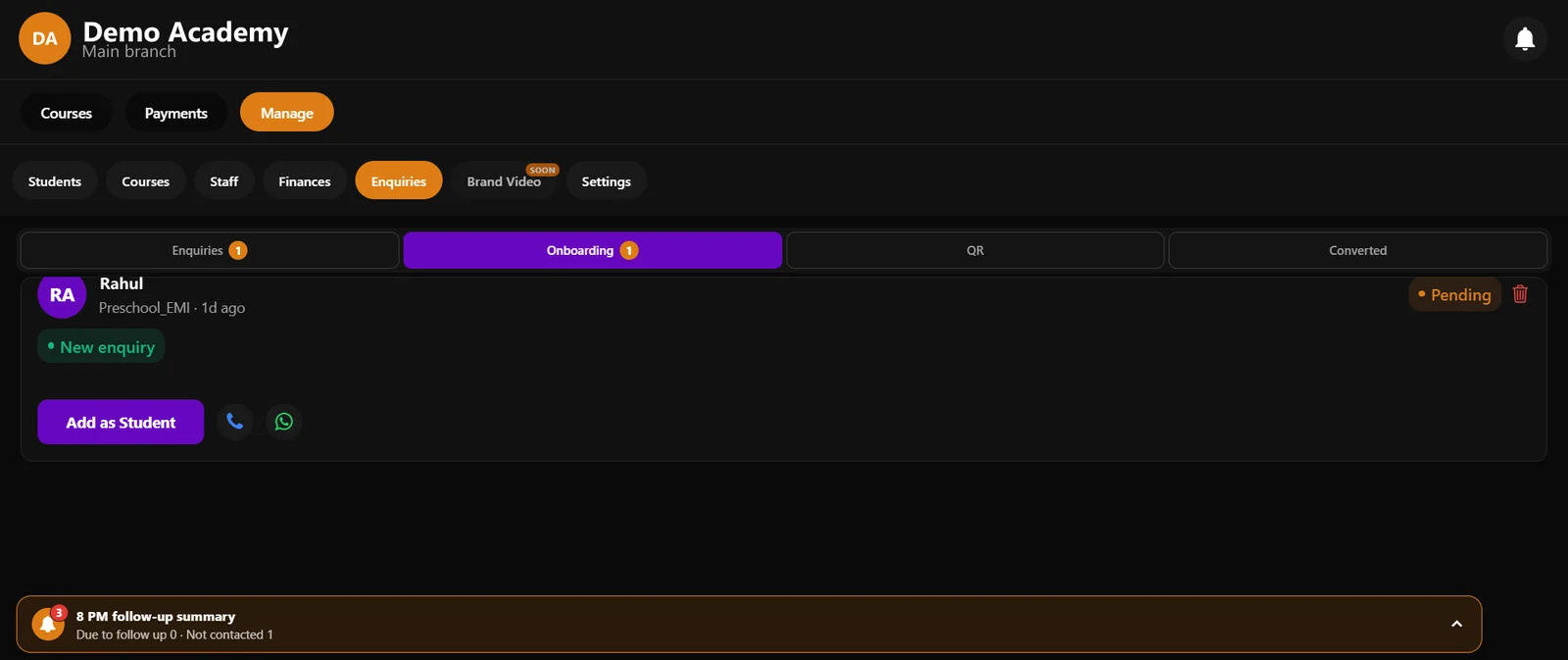 The enquiries screen with an onboarding enquiry, an Add as Student button and a follow-up summary