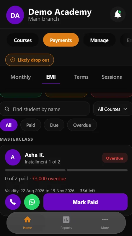 The payments screen on a phone with monthly, EMI, terms and sessions tabs and an overdue instalment