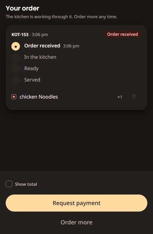 The guest's order screen showing the kitchen ticket at the 'order received' stage of four