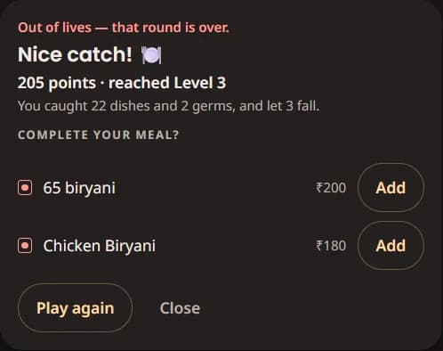 The end of the in-order game, suggesting two dishes to complete the meal with add buttons