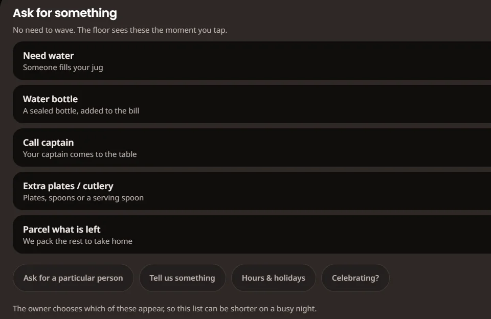 The guest's ask-for-something panel listing water, a water bottle, call captain, extra cutlery and packing leftovers