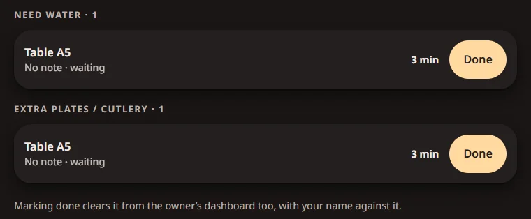 The captain's request list: two requests from one table, each waiting three minutes with a done button
