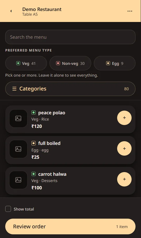 A restaurant's QR menu on a phone, with veg, non-veg and egg filters and dishes that can be added to the order