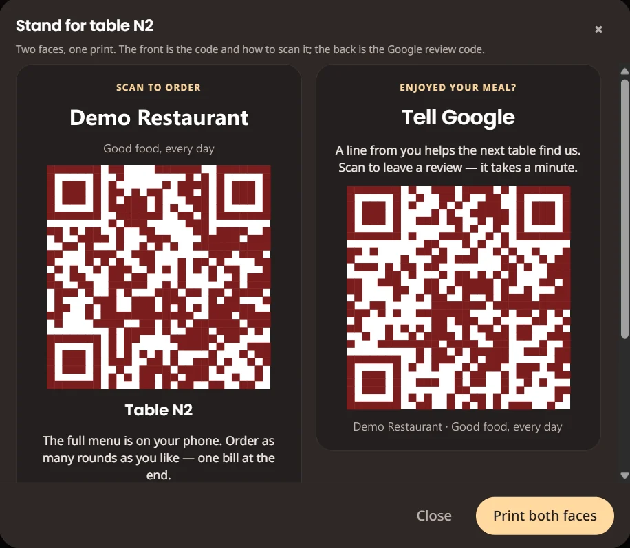 The table-stand print screen: a scan-to-order QR code on the front and a review QR code on the back