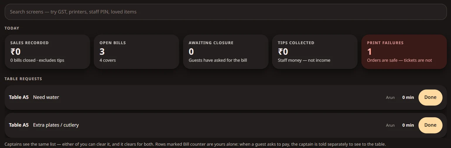 The owner dashboard: today's sales, open bills, awaiting closure, tips and print failures, then the open table requests